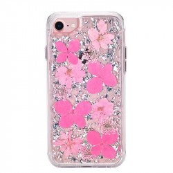 iPhone 8 / 7 / 6S / 6 Luxury Glitter Dried Natural Flower Petal Clear Hybrid Case (Silver Pink)
